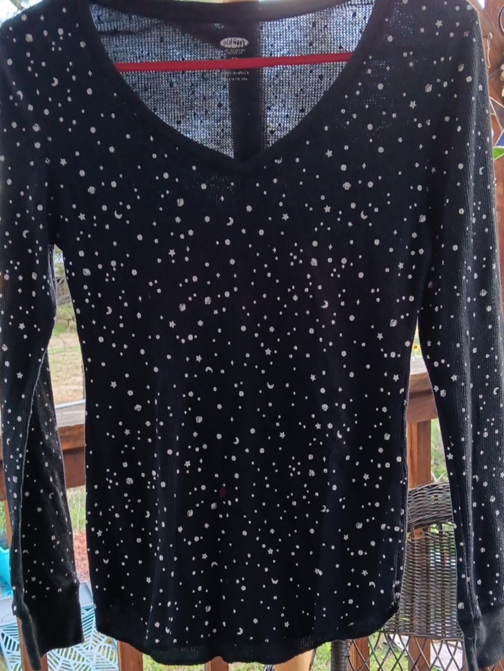 Old Navy Black Long-Sleeve V-Neck Top with White Star Dot Print